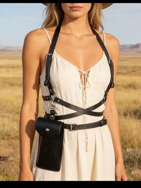 Black Leather Crossbody Harness with Pouch New